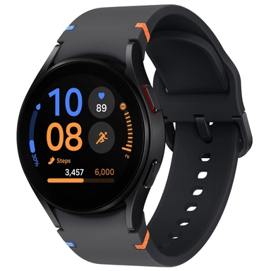 Black Samsung Galaxy smartwatch displaying fitness tracking screen.