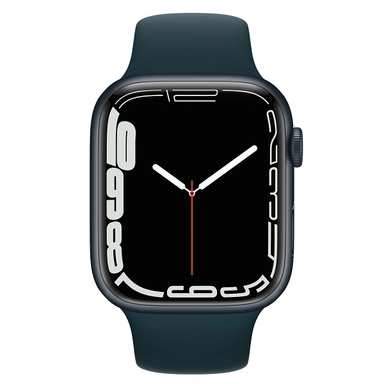 Black Apple Watch with blue band displaying minimal clock face design.