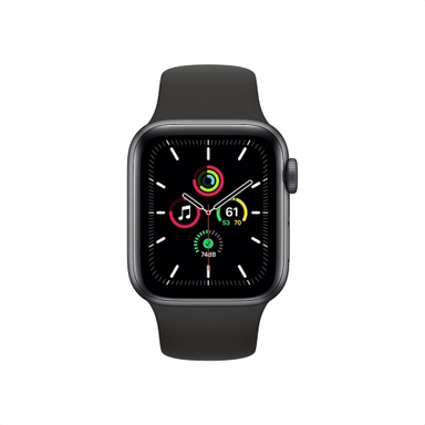 Black Apple Watch showing fitness and music icons on its display.