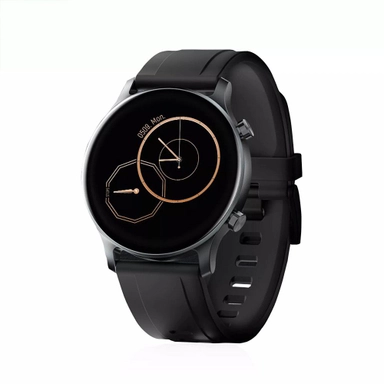 Black Huawei smartwatch with gold-accented analog display design.