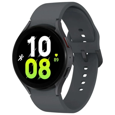 Gray Samsung Galaxy Watch with neon green fitness display and heart rate icon.