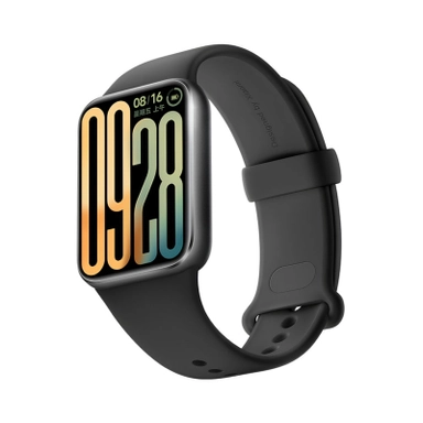 Black Xiaomi smartwatch with rectangular display showing large digital time.