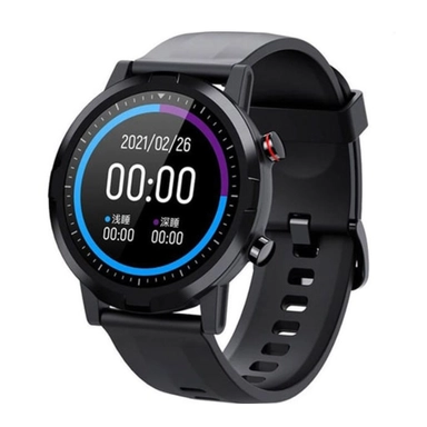 Black smartwatch with round face displaying digital date and time.