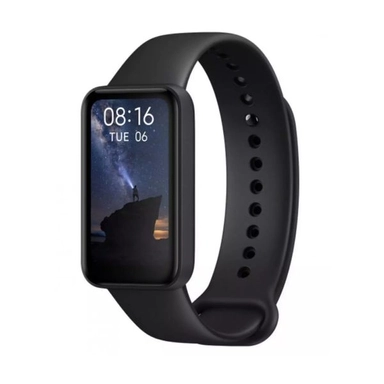 Black Xiaomi smart band with rectangular display showing time and date.