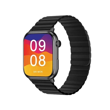 Black smartwatch with colorful digital display showing time and date.