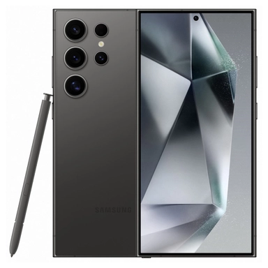 Samsung smartphone in black with five rear cameras, stylus pen, and crystal-themed display