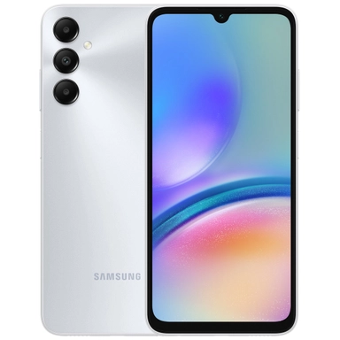 Samsung smartphone in white with triple rear cameras and colorful gradient display