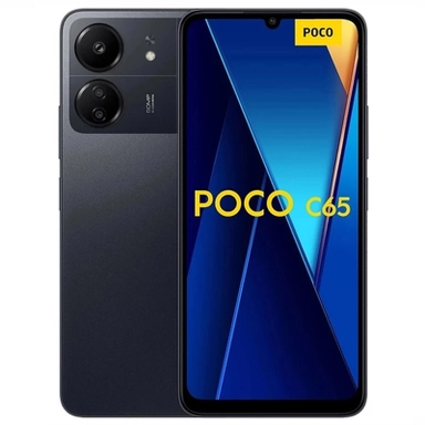 Poco C65 smartphone in black with dual rear cameras and blue-toned display