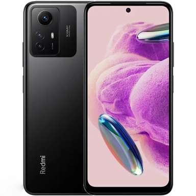Black Redmi smartphone with triple rear cameras and pink abstract display.