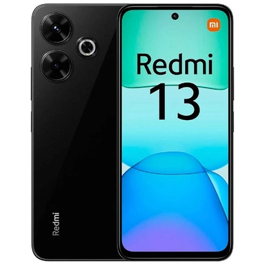 Black Redmi 13 smartphone with dual rear cameras and blue-green gradient display.
