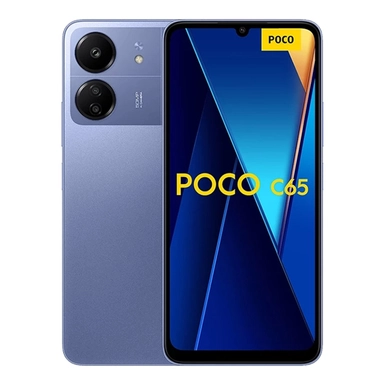 Blue Poco C65 smartphone with dual rear cameras and bold graphic display.