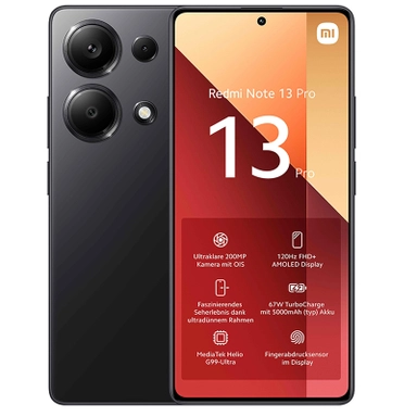 Redmi Note 13 Pro smartphone in black with triple rear cameras and feature-rich display