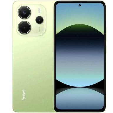 Green Redmi smartphone with triple rear cameras and gradient horizon-themed display.