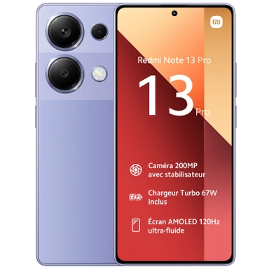 Purple Redmi Note 13 Pro with triple rear cameras and orange-red feature display
