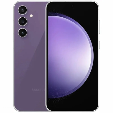 Purple Samsung smartphone with triple rear cameras and circular gradient purple display