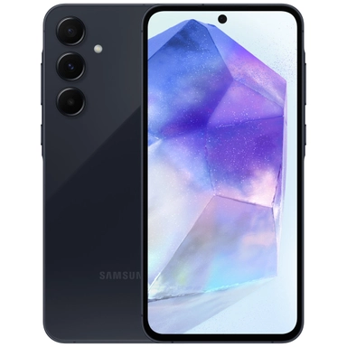 Black Samsung smartphone with triple rear cameras and icy crystal-themed display