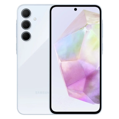 White Samsung smartphone with triple rear cameras and pastel crystal-themed display