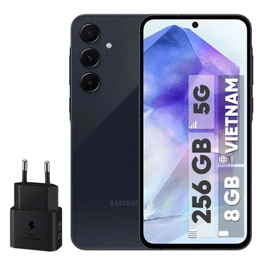 Black Samsung smartphone with triple cameras, 256GB storage, 8GB RAM, 5G support, and charger