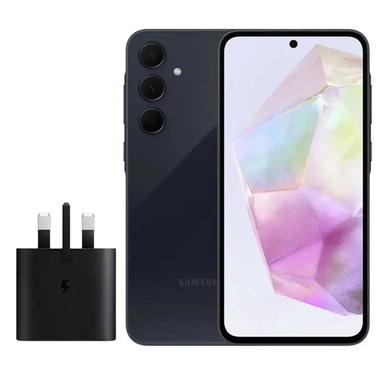Black Samsung smartphone with triple rear cameras, crystal-themed display, and fast charger