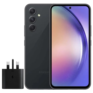 Black Samsung smartphone with triple rear cameras, vibrant display, and fast charging adapter