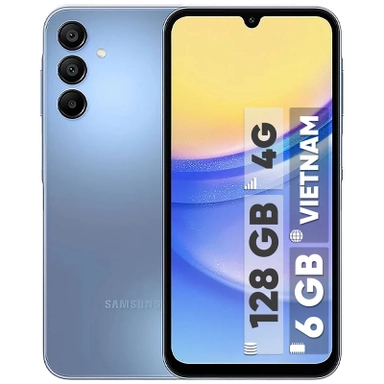 Blue Samsung smartphone with triple cameras, 128GB storage, 6GB RAM, and 4G support