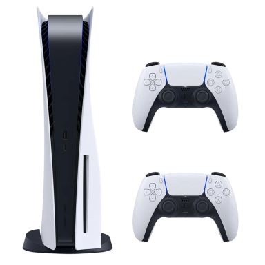 PlayStation 5 console with two DualSense wireless controllers.