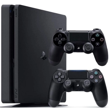 PlayStation 4 Slim console with two DualShock 4 controllers.