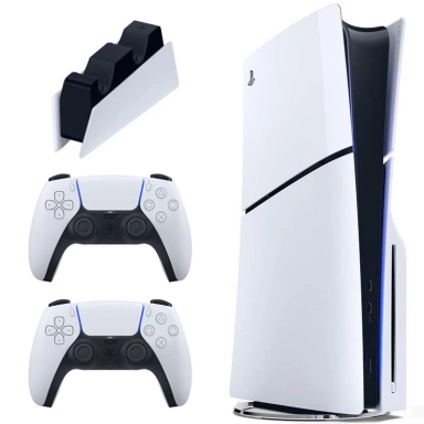 PlayStation 5 console with two DualSense controllers and a charging dock.