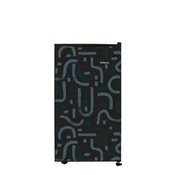 Black single-door refrigerator with abstract blue pattern design.