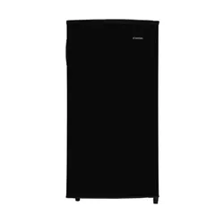 Black single-door refrigerator on a plain background.