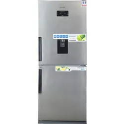 Silver double-door refrigerator with water dispenser.