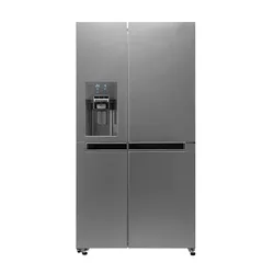 Stainless steel side-by-side refrigerator with built-in water dispenser.