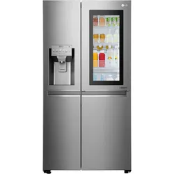 Silver LG side-by-side refrigerator with glass door and water dispenser.