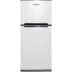 White Rasen double-door refrigerator with top freezer.