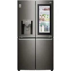 Dark gray LG French door refrigerator with glass panel and water dispenser.