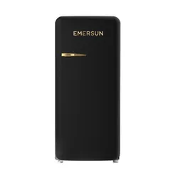 Black Emersun single-door refrigerator with gold handle.