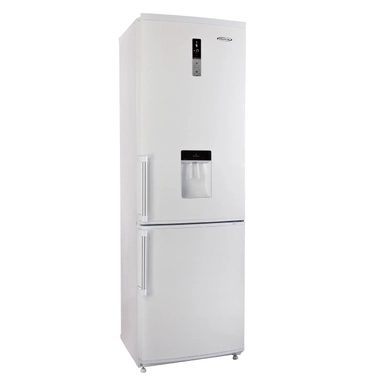 White bottom freezer refrigerator with water dispenser and digital control panel