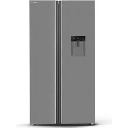 Gray side-by-side refrigerator with water dispenser on the left door.