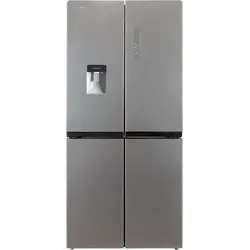 Stainless steel four-door refrigerator with water dispenser on the upper left door.