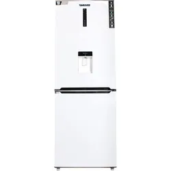 White Samsung bottom-freezer refrigerator with water dispenser.