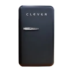 Black Clever single-door mini refrigerator with chrome handle.