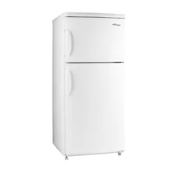White two-door refrigerator with top freezer and curved handles.