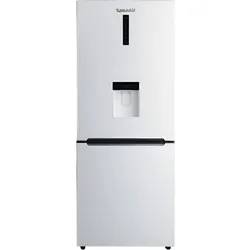 White refrigerator with bottom freezer and built-in water dispenser.