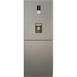 Silver refrigerator with bottom freezer and digital water dispenser panel.