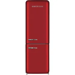 Red Emersun retro-style refrigerator with bottom freezer and chrome handles.