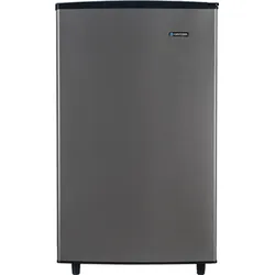 Silver single-door refrigerator with compact design and black top panel.