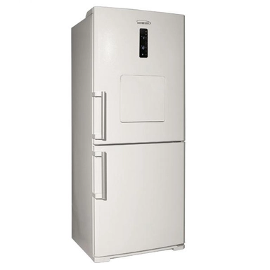 White bottom freezer refrigerator with digital display and dual handles