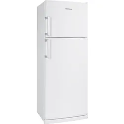 White double-door refrigerator with top freezer and vertical handles.