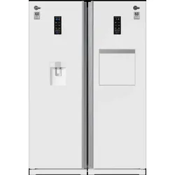 White side-by-side refrigerator with dual doors and digital control panels.
