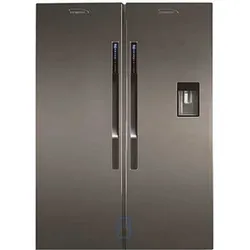 Dark gray side-by-side refrigerator with long vertical handles and water dispenser.